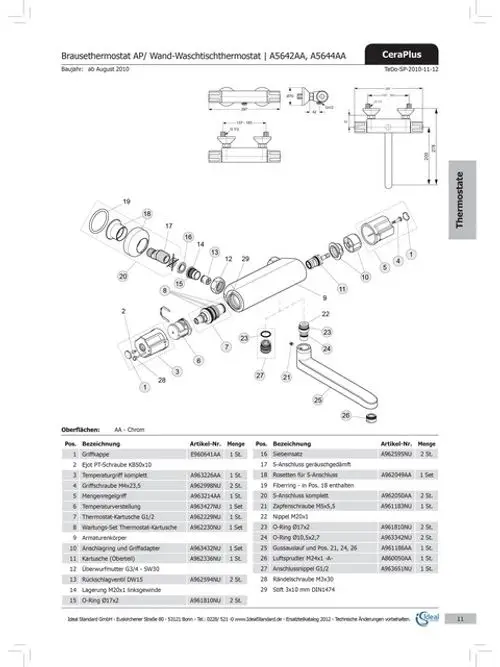 Explosionszeichnung eines Thermostats von Ideal Standard mit verschiedenen Einzelteilen und Artikelnummern zur Identifikation der Komponenten.